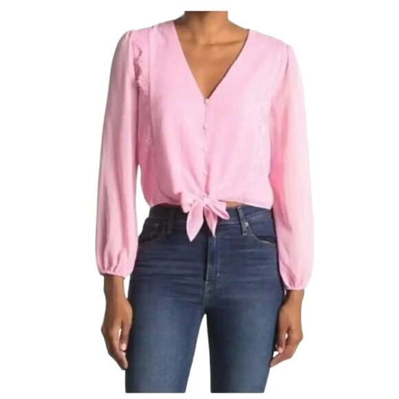 Wayf Tops - WAYF Pink Lace Trim Knotted Long Sleeve Blouse I Size: M